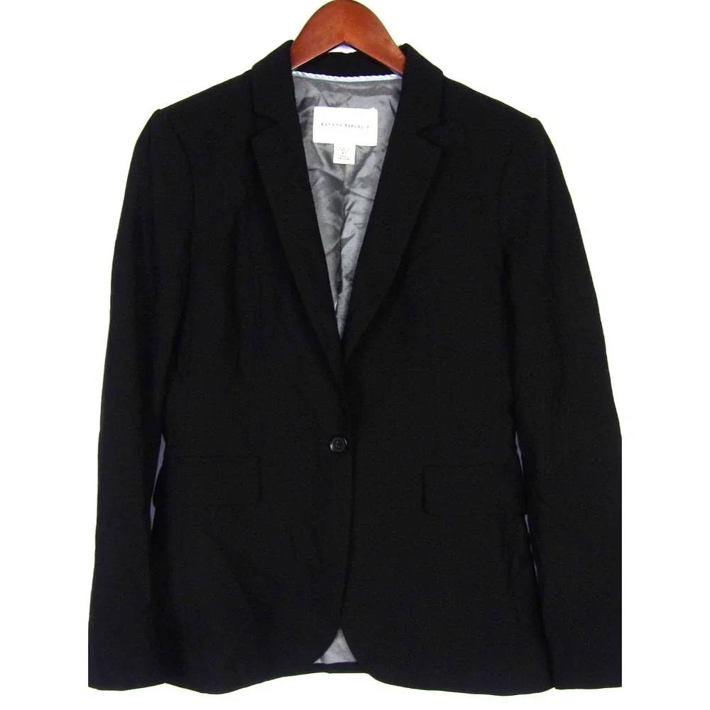 Banana Republic 1 Button Black Wool Blend Stretch Office Blazer Women's 4 Petite